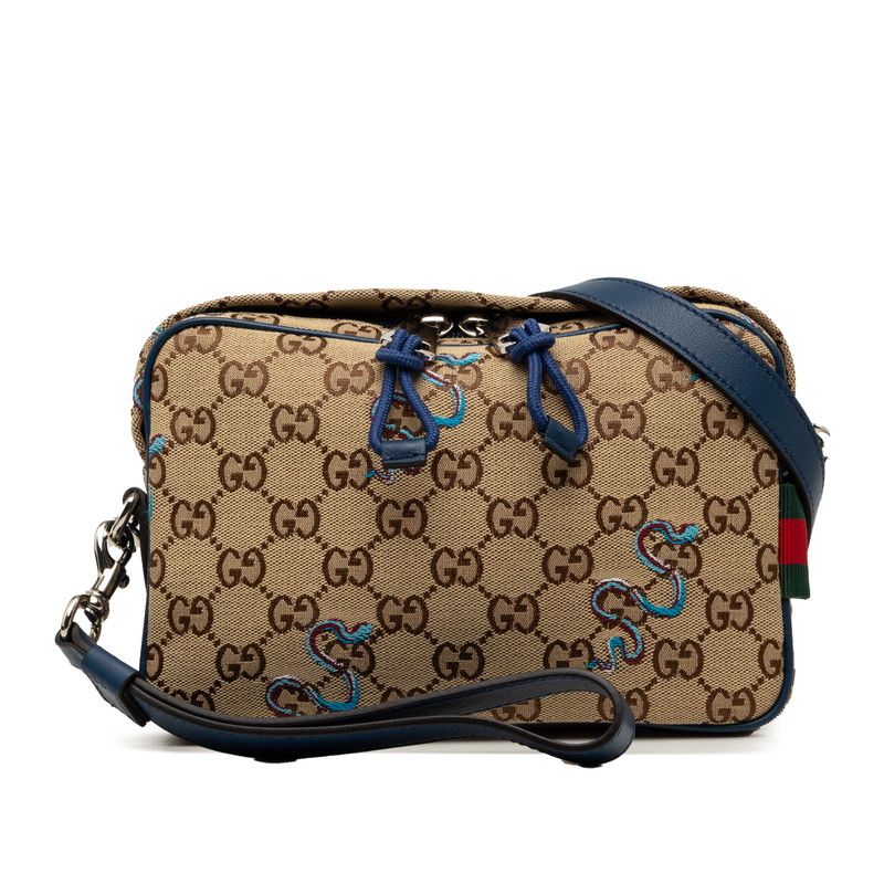 Gucci GG Canvas Snake Embroidery Crossbody Shoulder Bag Beige Navy