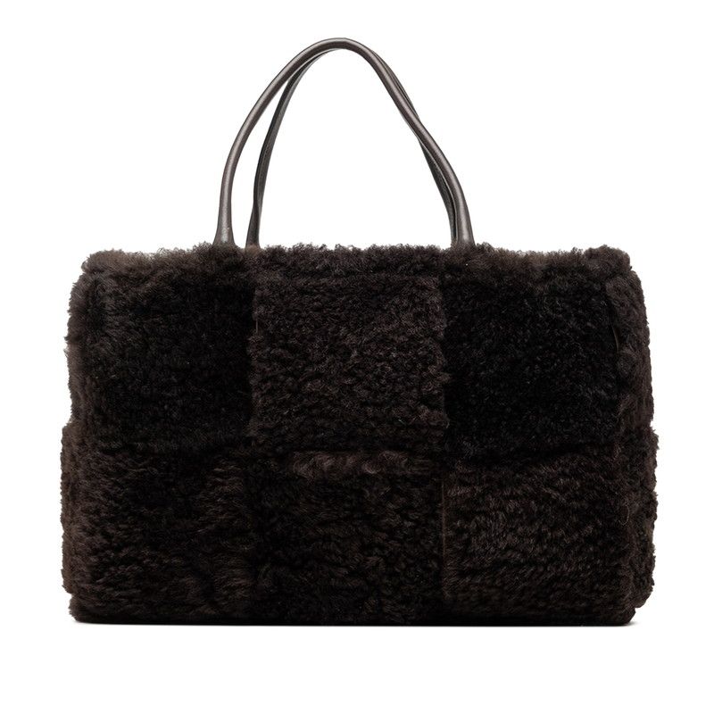 Bottega Veneta Maxi Intrecciato Arco Tote Dark Brown Shearling Leather