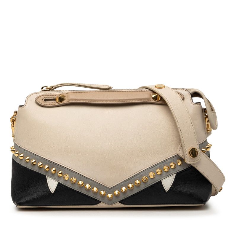 Fendi by the Way Monster Eye Studs 2-Way Shoulder Bag Beige Black Leather