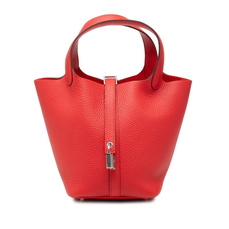 Hermes Picotin Lock PM Handbag Red Silver Taurillon Clemence