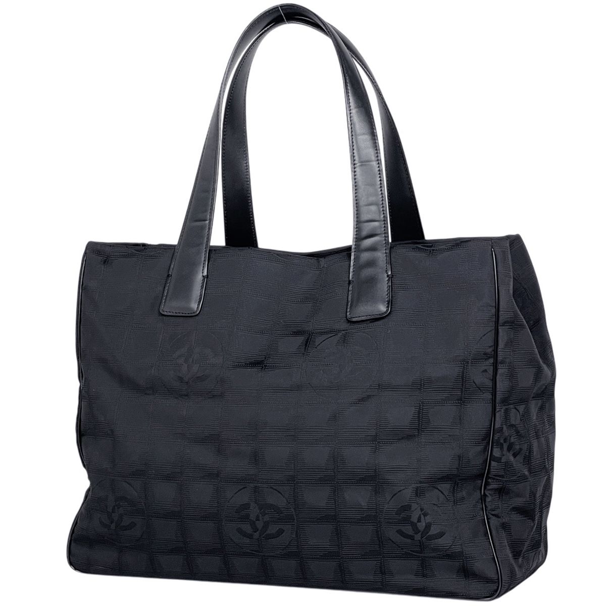 Chanel New Travel Line Tote MM CC Logo Shoulder Bag Nylon Jacquard Black