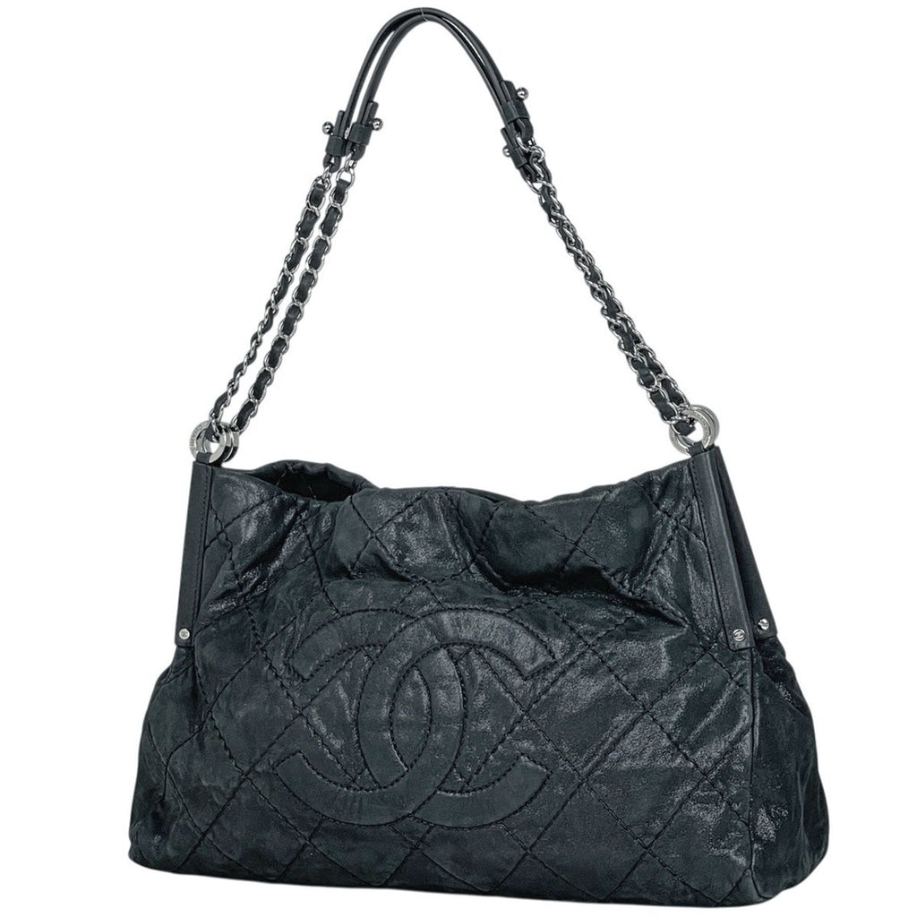 Chanel CC Logo Chain Shoulder Bag Quilted Leather Black