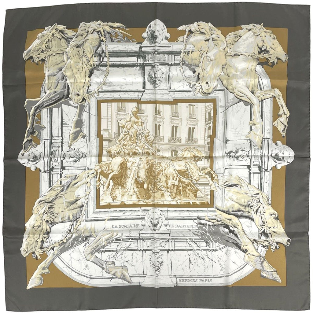 Hermes Carre 90 la Fontaine de Bartholdi Fountain Scarf Silk Gray White