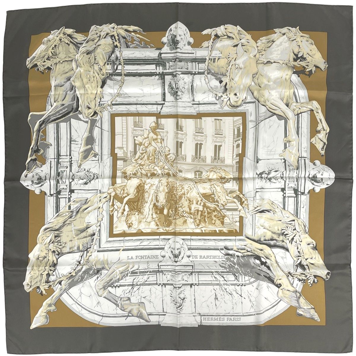 Hermes Carre 90 la Fontaine de Bartholdi Fountain Scarf Silk Gray White