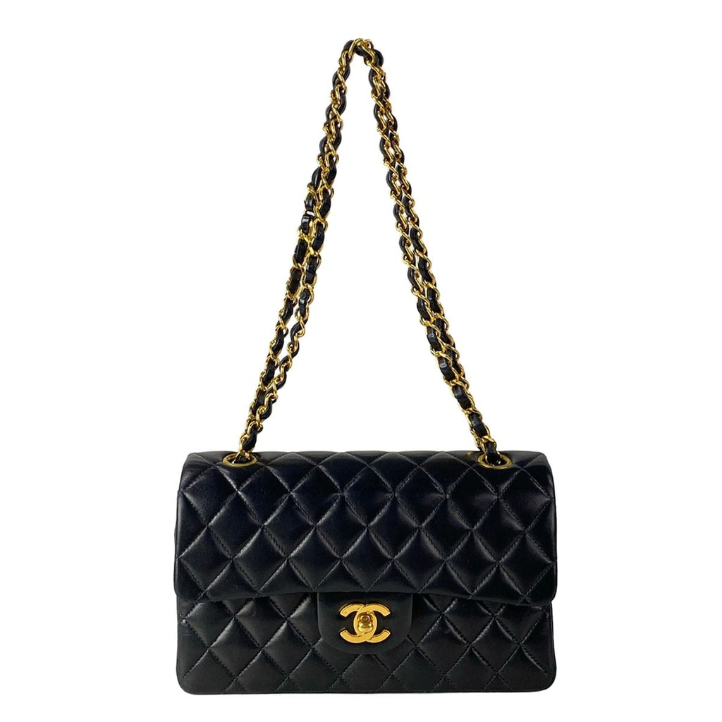 Chanel Shoulder Bag Double Flap Quilted Black Chain Gold Lambskin