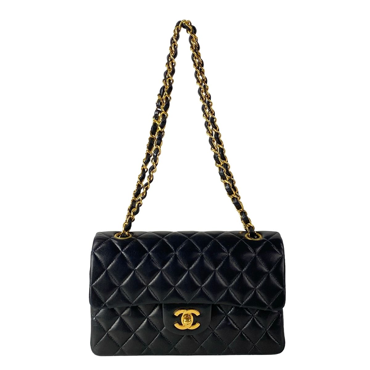 Chanel Shoulder Bag Double Flap Quilted Black Chain Gold Lambskin