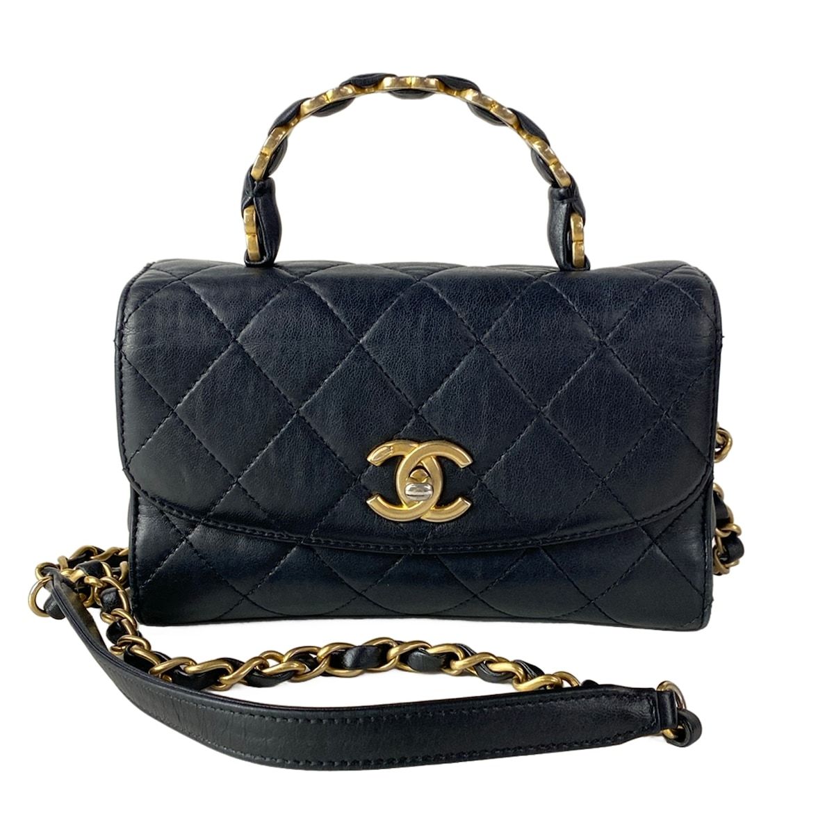 Chanel Shoulder Bag Top Handle Mini Flap Quilted Black Matt Togo 2-Way Lambskin