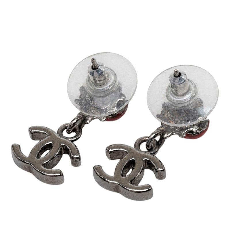 Chanel CC Logo Ladybug Motif Stud Earrings Swing Silver Red Metal — view 2