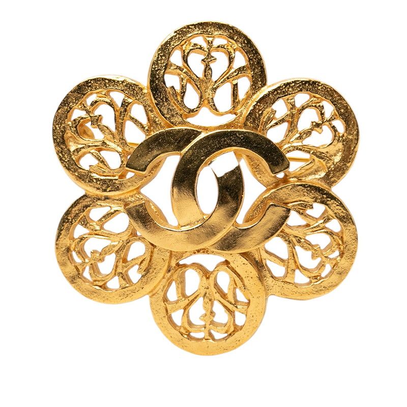 Chanel CC Logo Flower Motif Vintage Brooch 95 Gold Plated