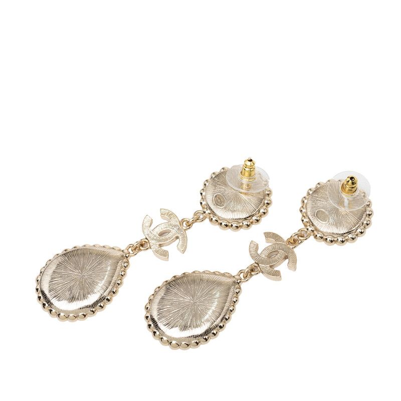 Chanel CC Logo Stud Earrings Swing Gold Plated Faux Pearl Rhinestone — view 2