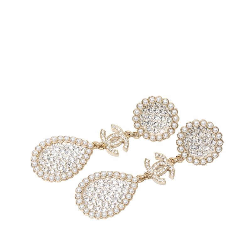 Chanel CC Logo Stud Earrings Swing Gold Plated Faux Pearl Rhinestone
