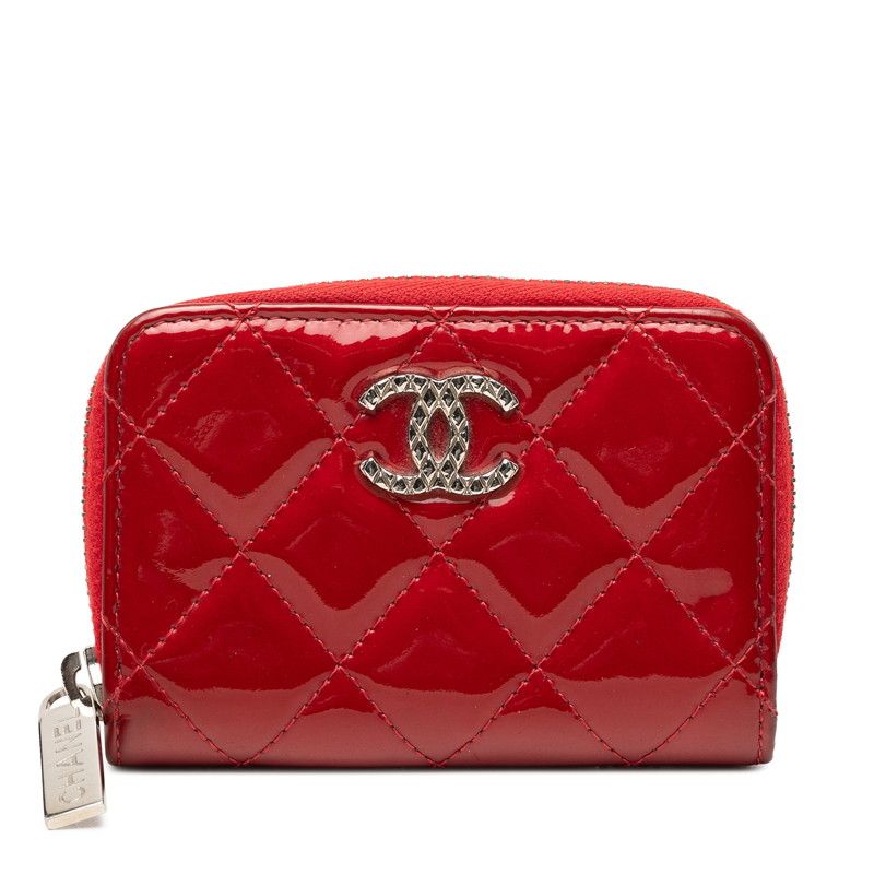 Chanel CC Logo Quilted Zip Around Coin Purse Red Patent Leather