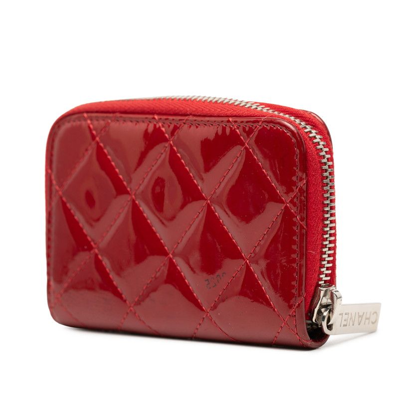 Chanel CC Logo Quilted Zip Around Coin Purse Red Patent Leather — view 2