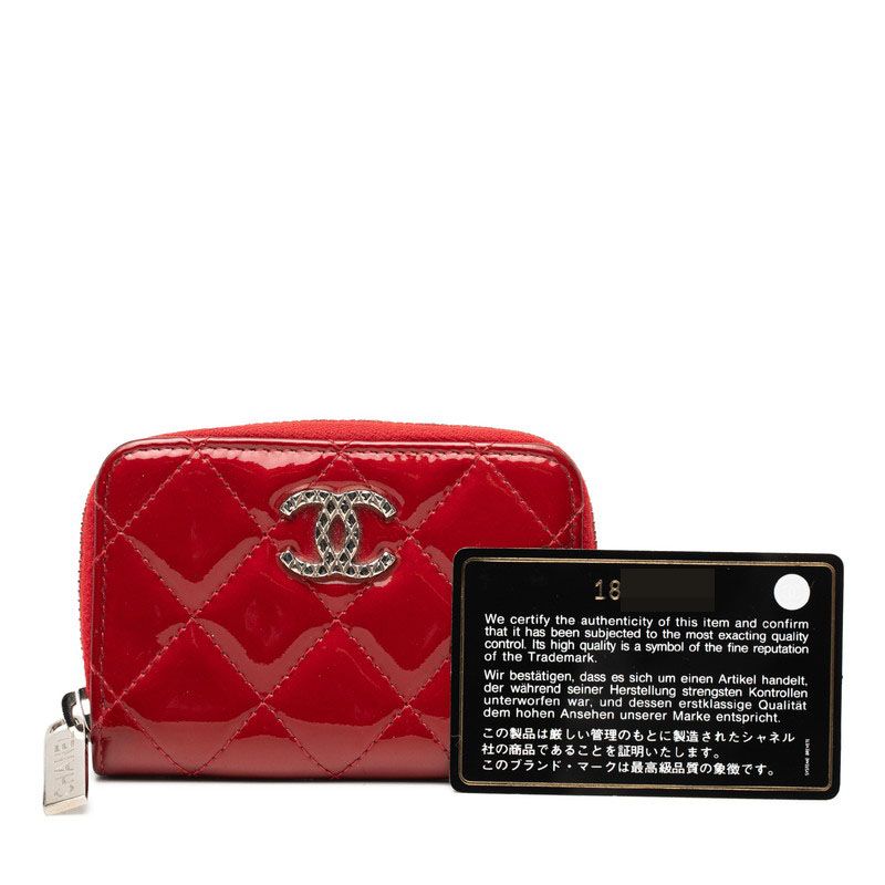 Chanel CC Logo Quilted Zip Around Coin Purse Red Patent Leather — view 9