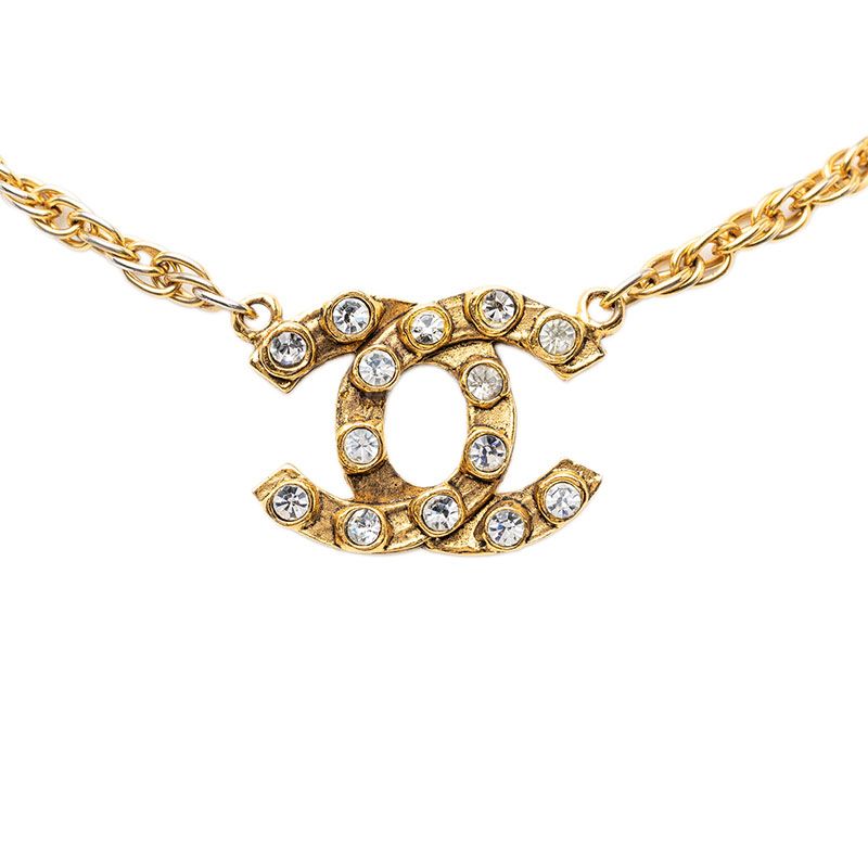 Chanel CC Logo Chain Necklace Gold Plated Rhinestone