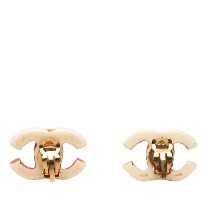 Chanel CC Logo Earrings 01 White Brown Plastic — view 2