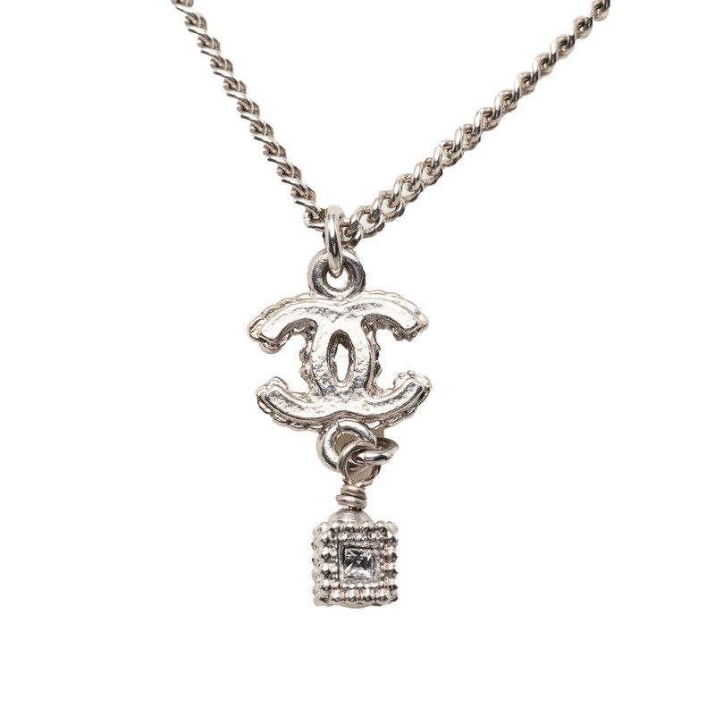 Chanel CC Logo Necklace Silver Metal Rhinestone — view 2
