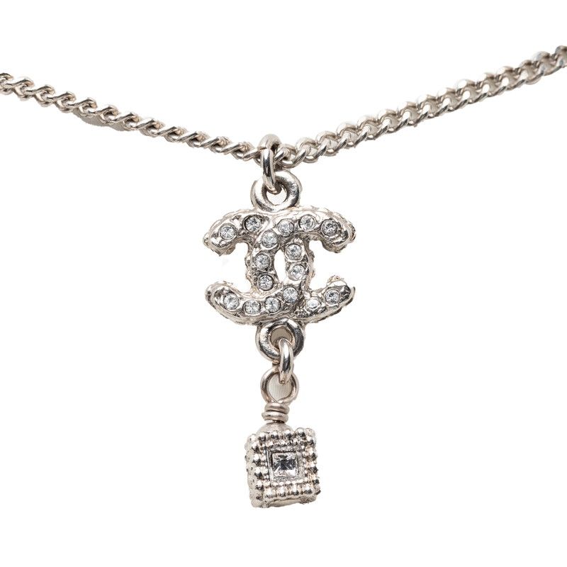 Chanel CC Logo Necklace Silver Metal Rhinestone