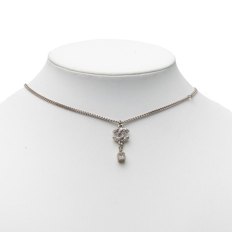 Chanel CC Logo Necklace Silver Metal Rhinestone — view 6