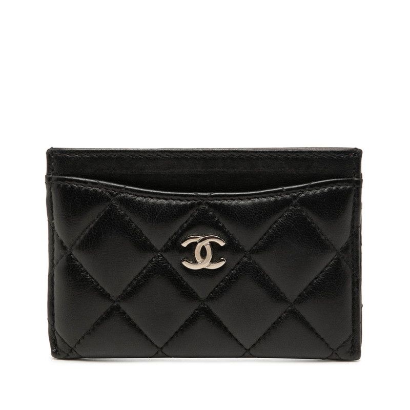 Chanel CC Logo Quilted Card Case Black Lambskin