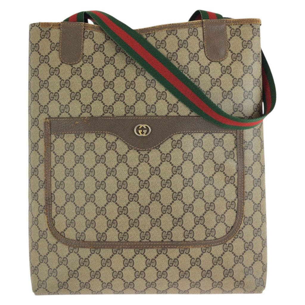 Gucci Vintage Sherry Line Beige Brown GG Supreme Canvas Tote Shoulder