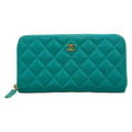 Chanel Wallet Quilted Green Zip Around Gold