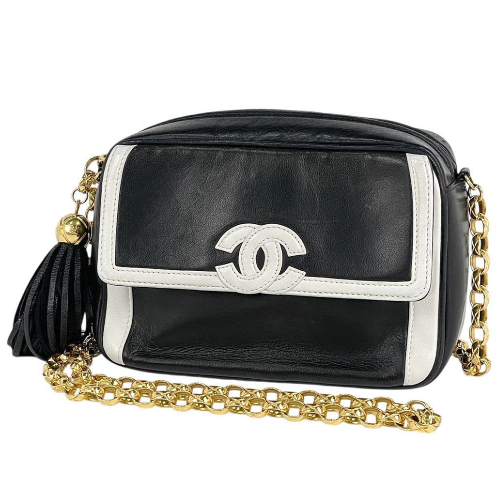 Chanel CC Logo Fringe Chain Shoulder Bag Leather Black White