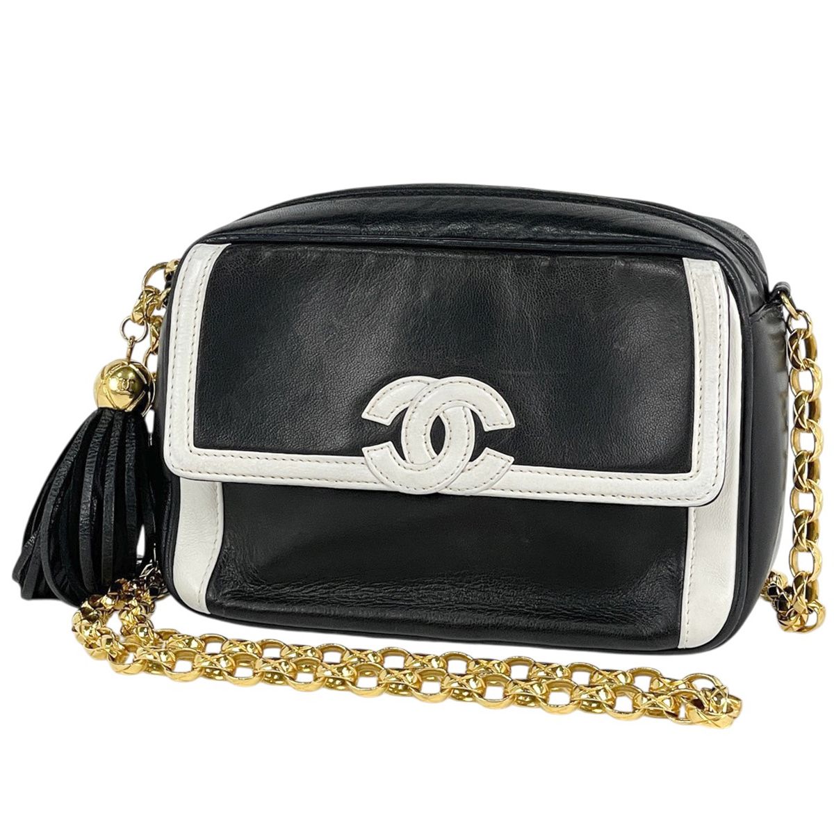 Chanel CC Logo Fringe Chain Shoulder Bag Leather Black White