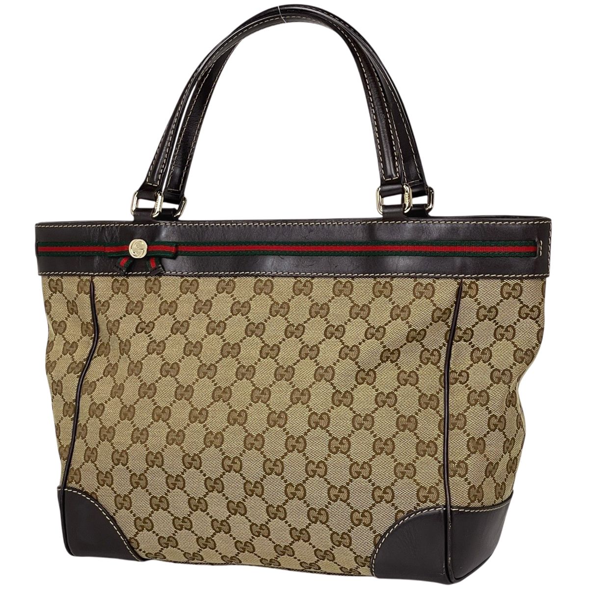 Gucci GG Pattern Tote Mayfair Ribbon Handbag Sherry Line Canvas Brown