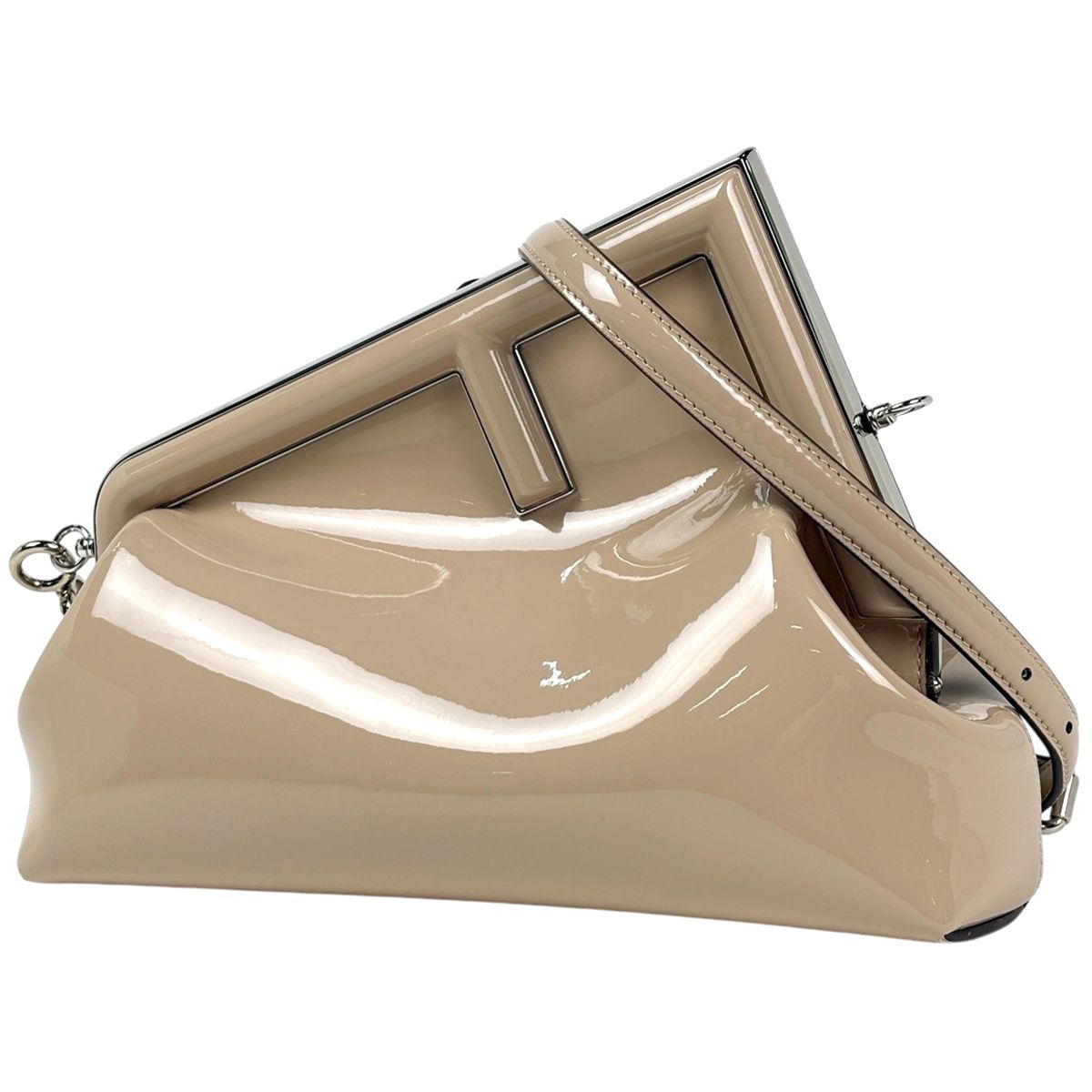 Fendi First Clutch 2-Way Shoulder Bag Enamel Patent Leather Beige