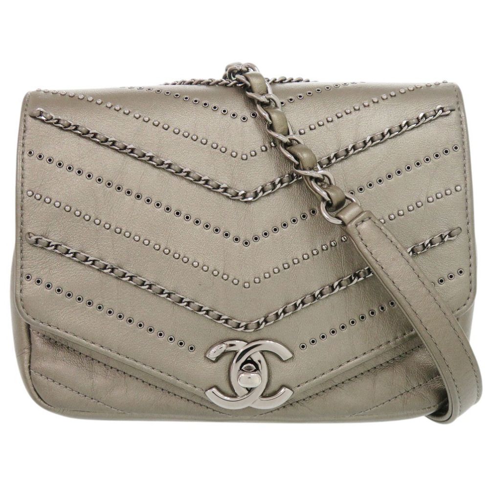 Chanel Blanc CC Logo Leather Gray Chain Shoulder