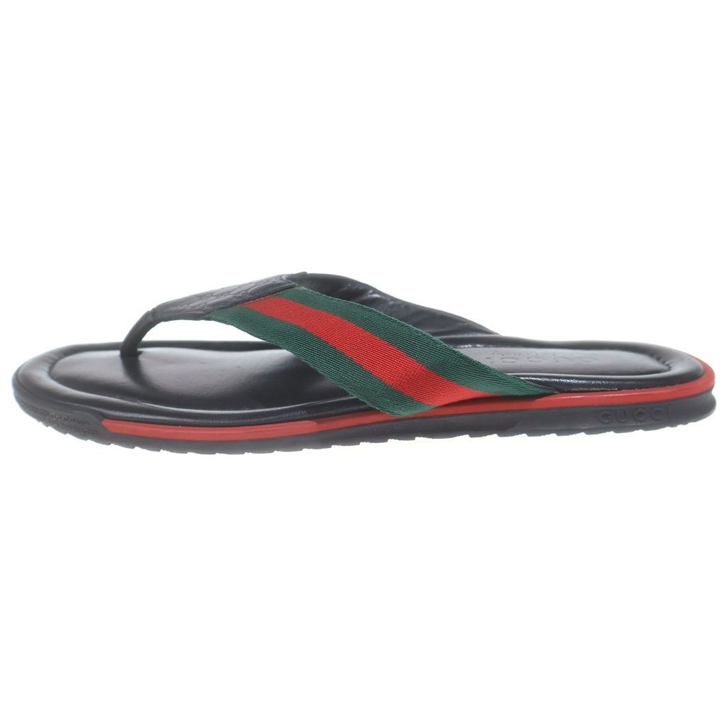Gucci Guccissima Sherry Web Line Flat Leather Sandals Shoes Black