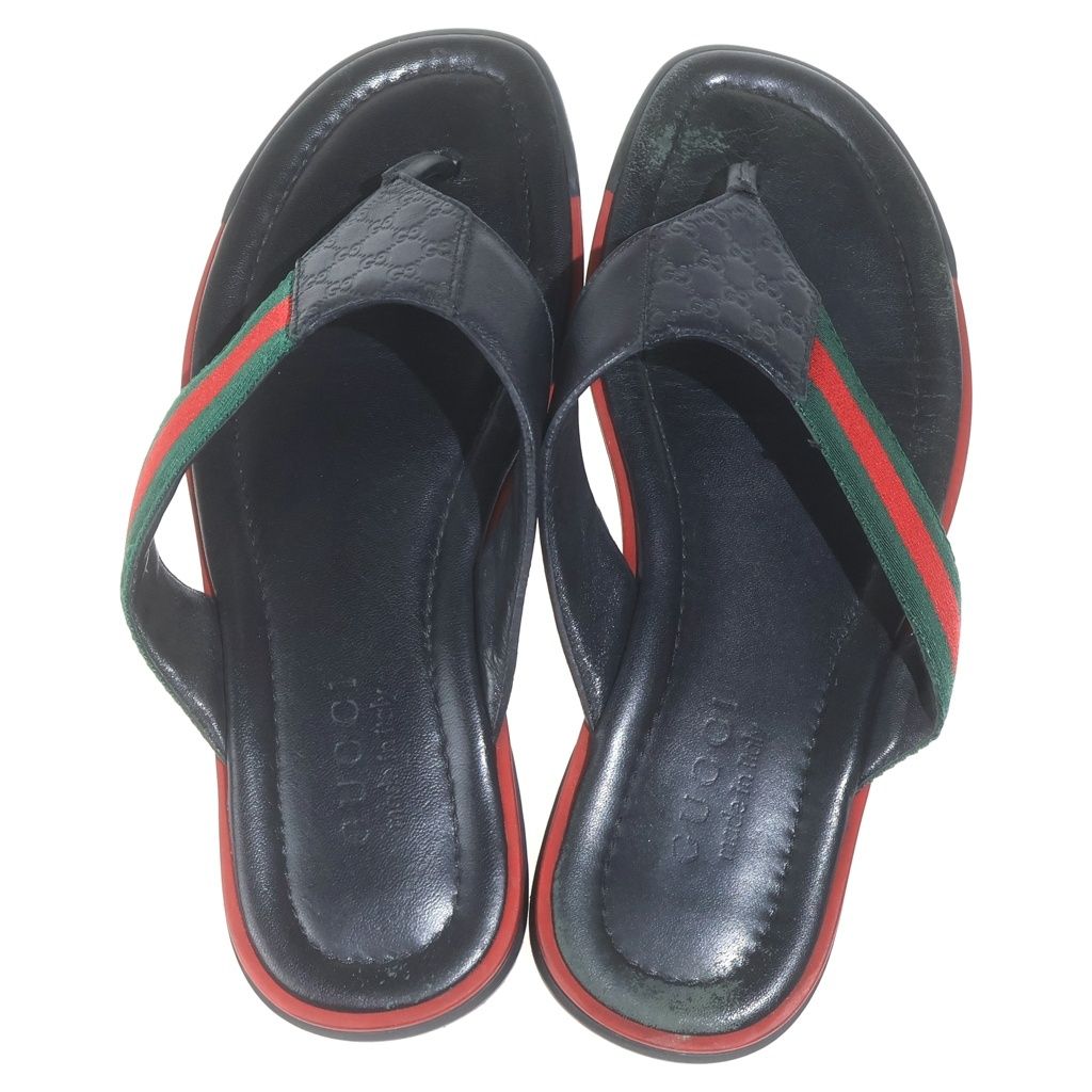 Gucci Guccissima Sherry Web Line Flat Leather Sandals Shoes Black — view 4