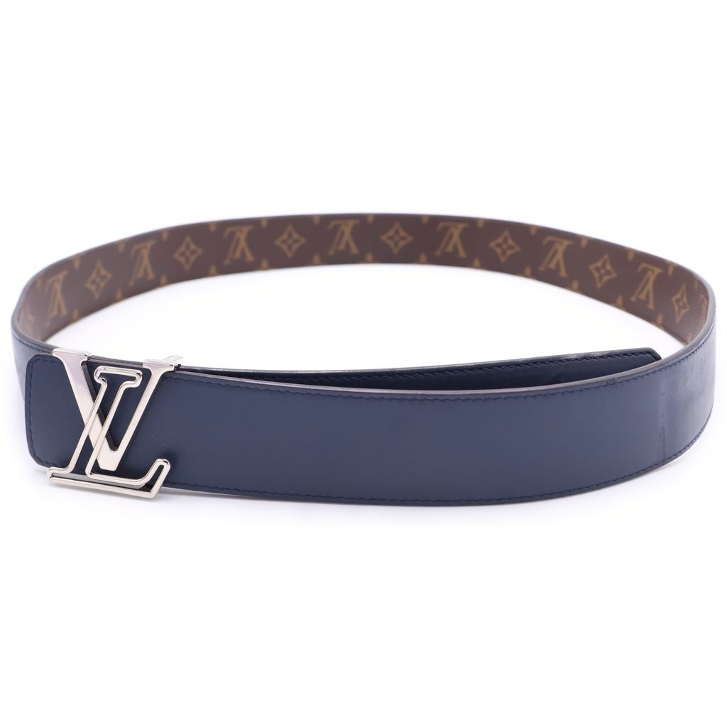 Louis Vuitton LV Logo Buckle Monogram Leather Reversible Belt Silver Brown Navy — view 4