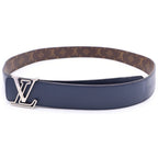 Louis Vuitton LV Logo Buckle Monogram Leather Reversible Belt Silver Brown Navy — view 4