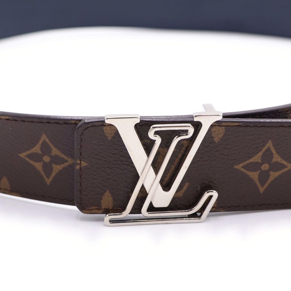 Louis Vuitton LV Logo Buckle Monogram Leather Reversible Belt Silver Brown Navy — view 5