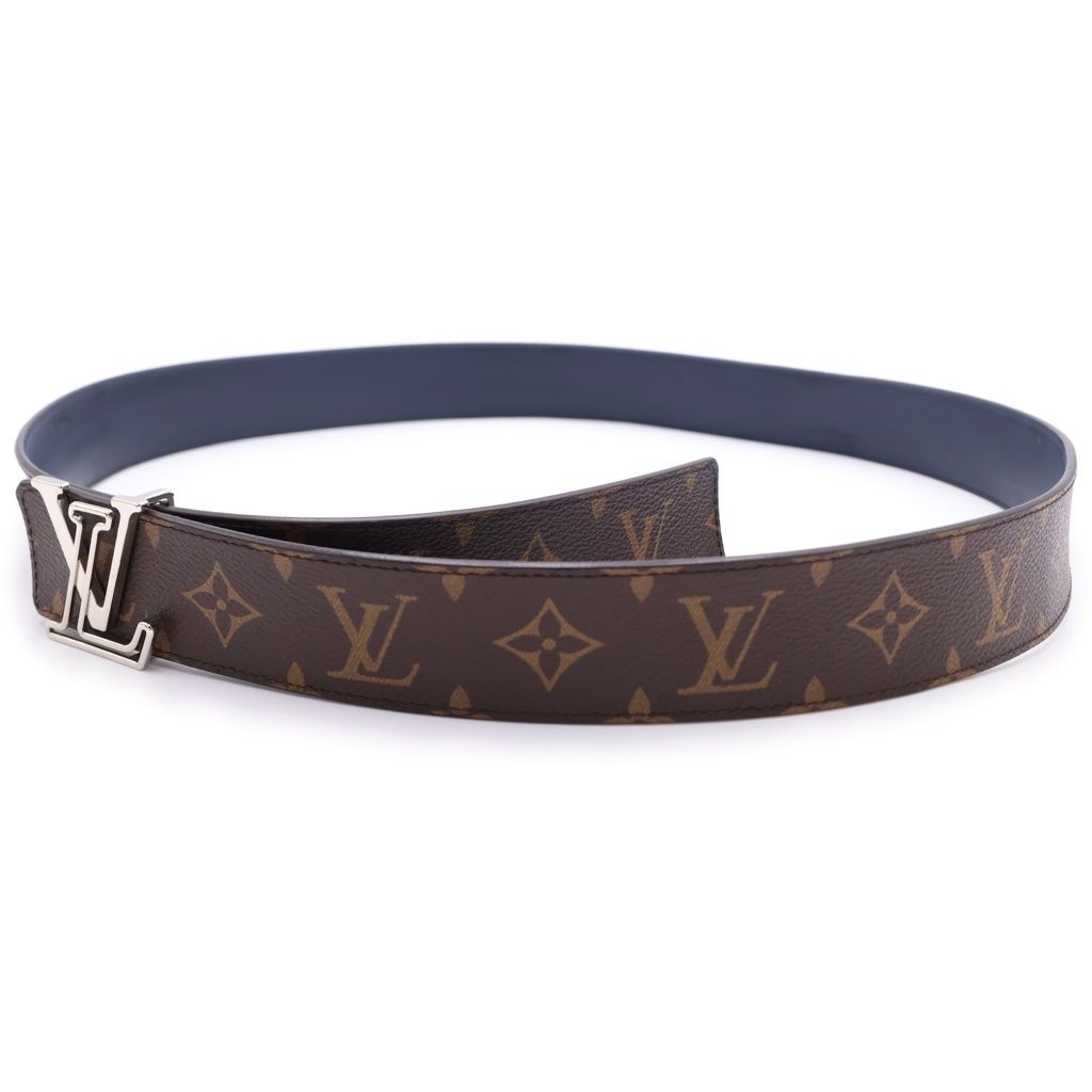 Louis Vuitton LV Logo Buckle Monogram Leather Reversible Belt Silver Brown Navy