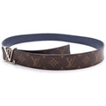 Louis Vuitton LV Logo Buckle Monogram Leather Reversible Belt Silver Brown Navy