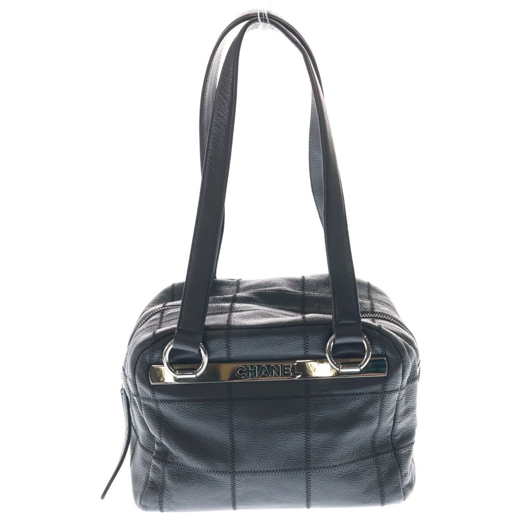 Chanel Choco Bar Leather Mini Boston Handbag Silver Black