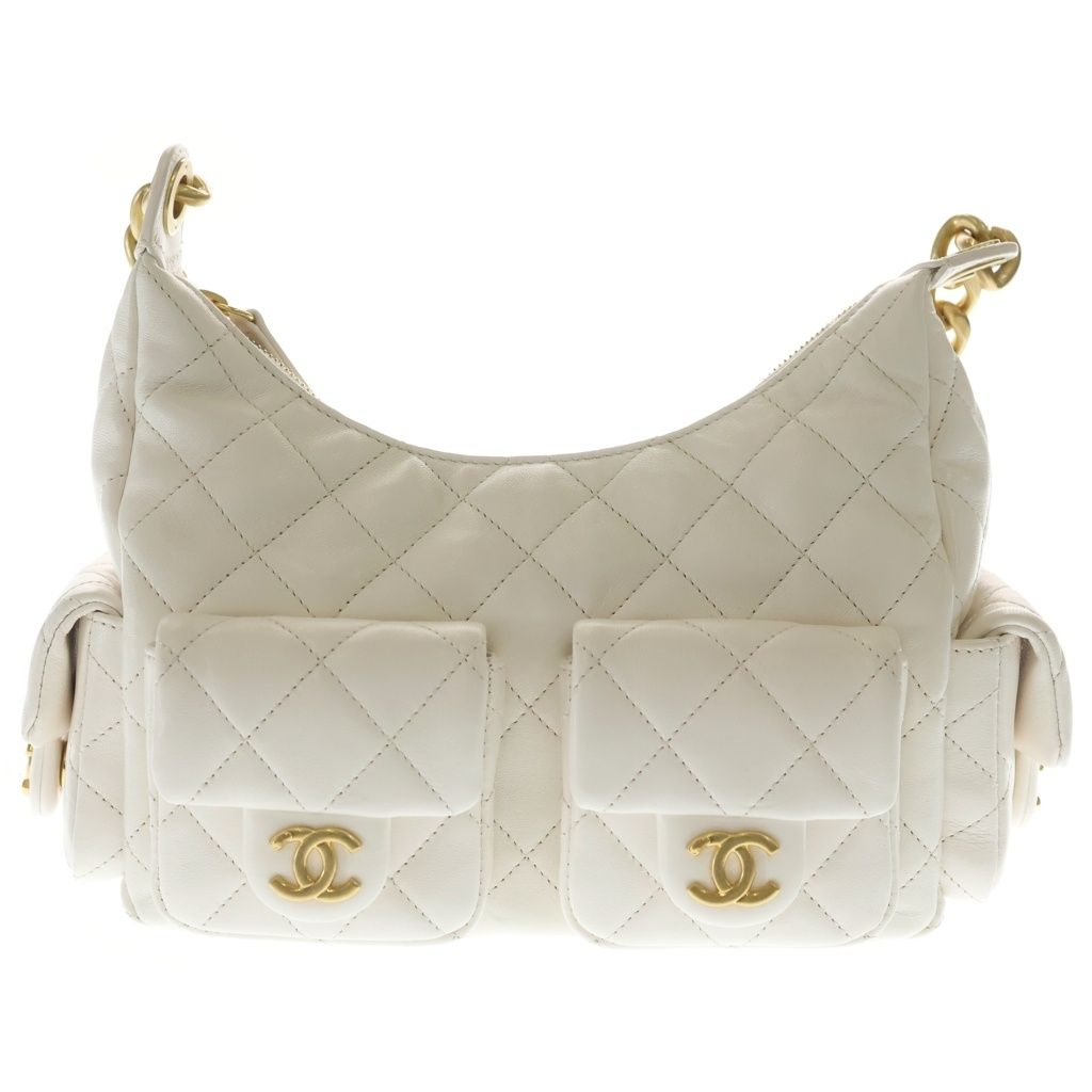 Chanel Quilted Maxi Hobo Lambskin Gold Chain Tote White