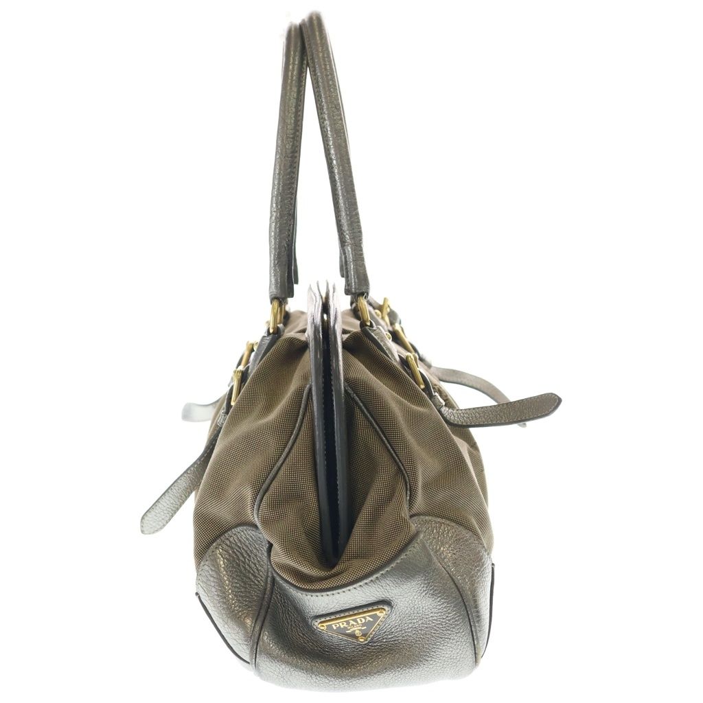 Prada Logo Jacquard Handbag Beige Silver Canvas Leather — view 3