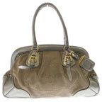 Prada Logo Jacquard Handbag Beige Silver Canvas Leather