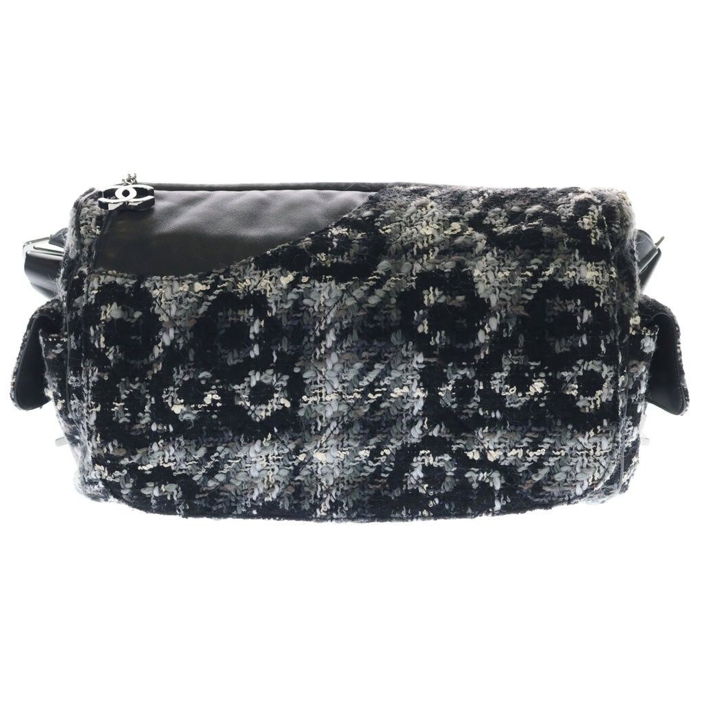 Chanel 2.55 Camellia Tweed Leather Messenger Chain Shoulder Bag Black Gray
