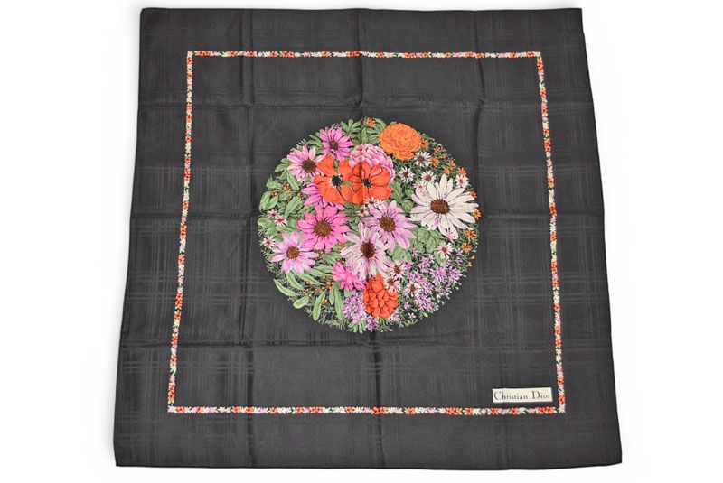 Dior Scarf Vintage CD Logo Flower Pattern Black