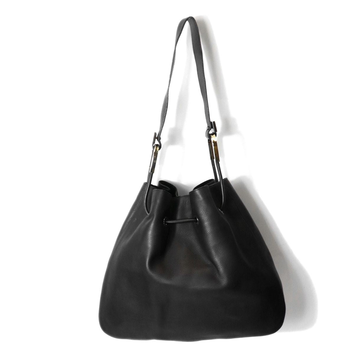 Gucci 001 Shoulder Bag Drawstring Leather Black