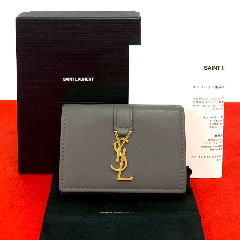 Saint Laurent Box Origami Tiny Wallet YSL Logo Leather Trifold Gray