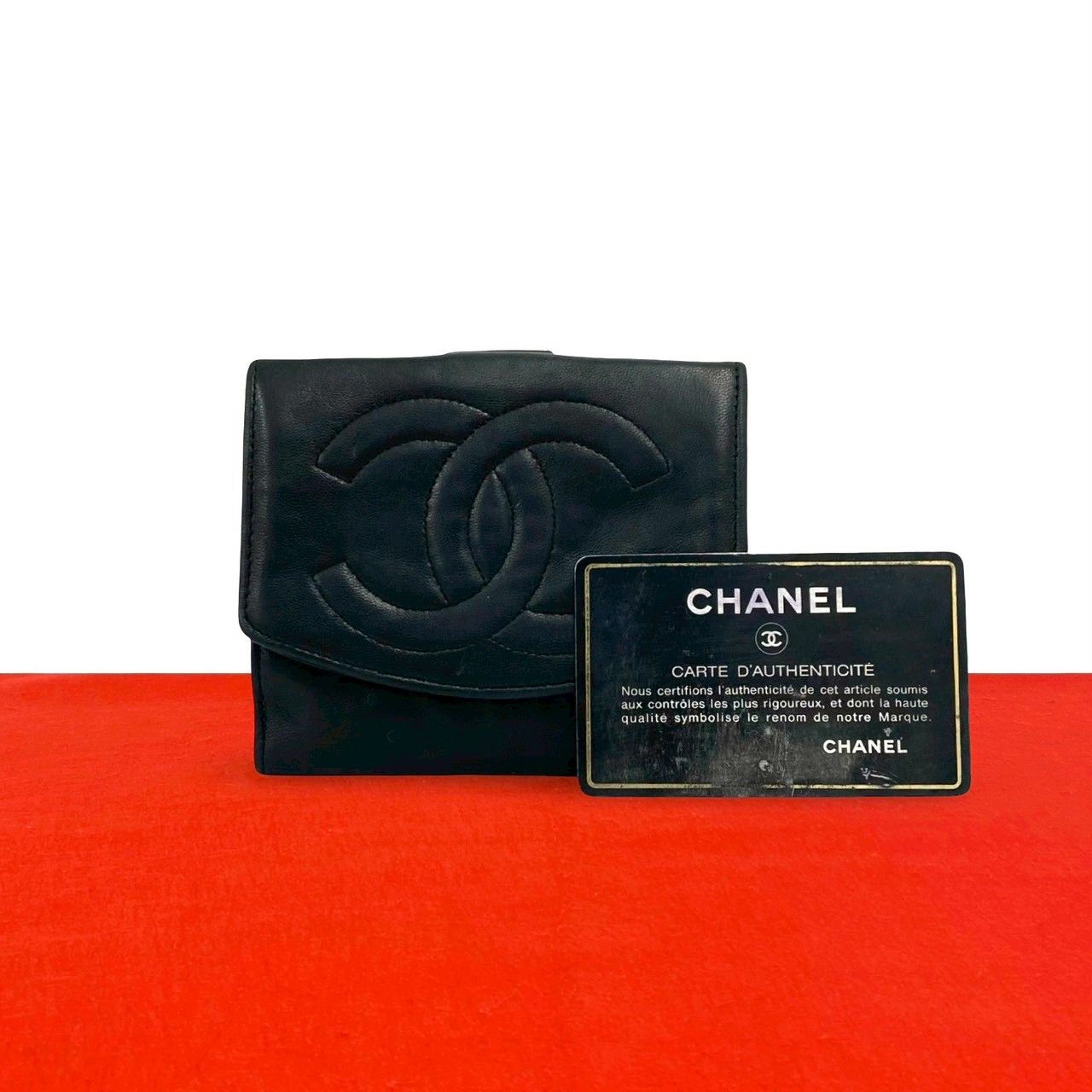 Chanel Card Seal Edition Vintage CC Logo Lambskin Leather Bifold Wallet Black