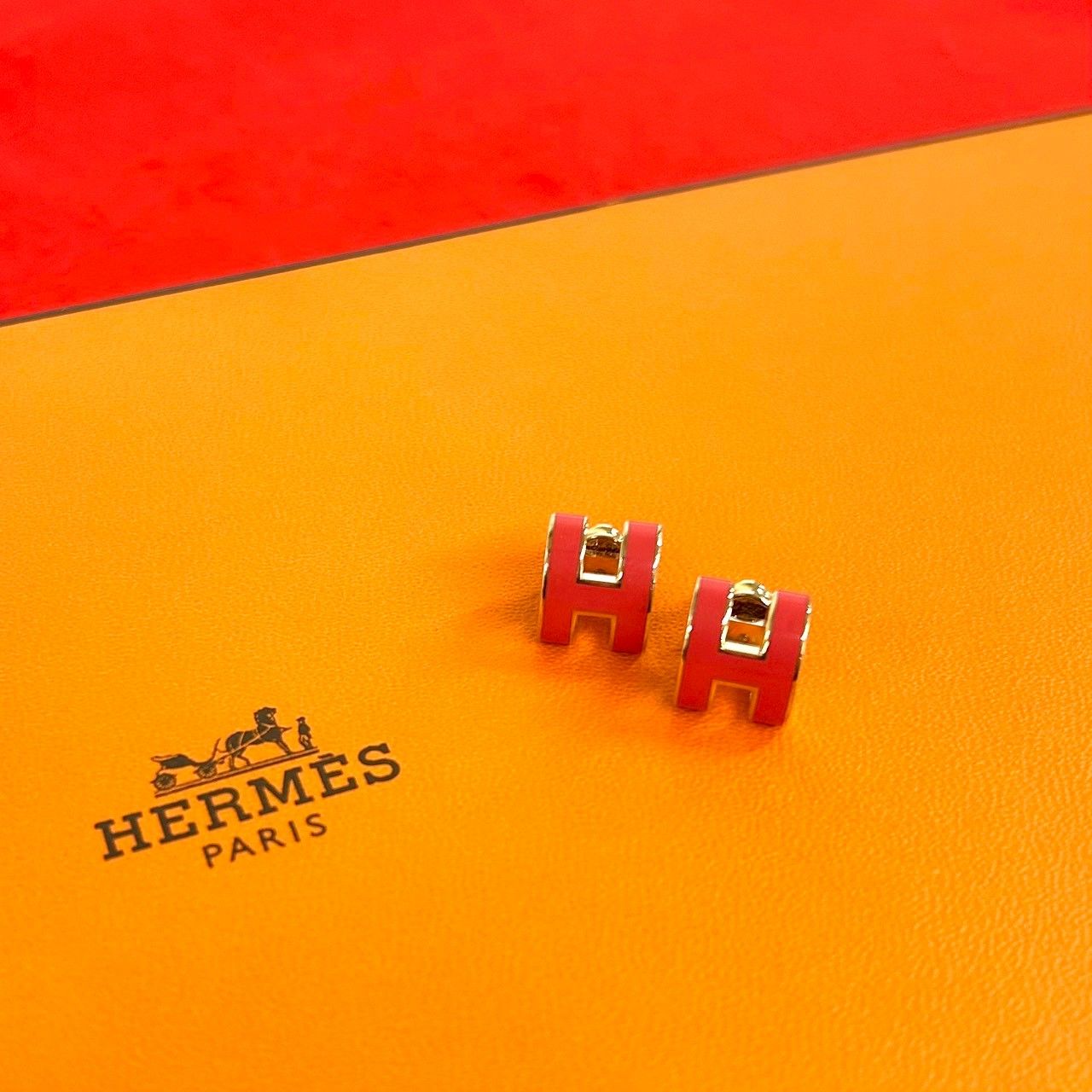 Hermes Mini Pop Logo Motif Earrings Gold Rouge