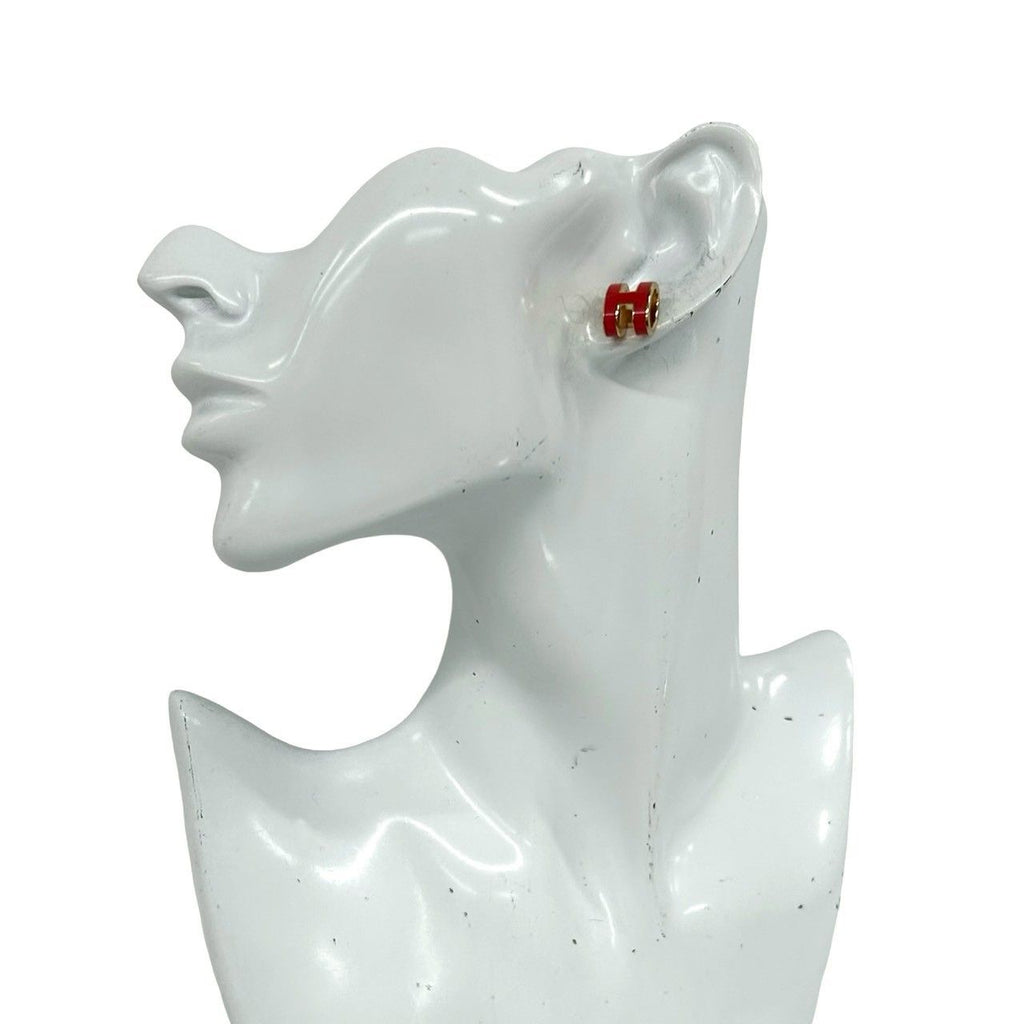 Hermes Mini Pop Logo Motif Earrings Gold Rouge — view 2