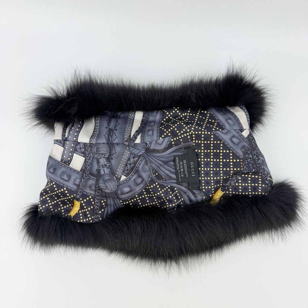 Gucci Fur Trim Silk Shawl Black Vintage Scarf